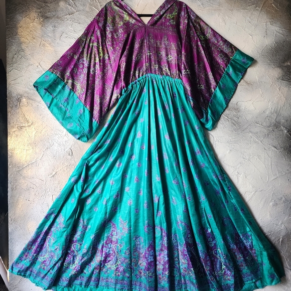 Handprinted Silk Authentic Designer Kimono Batik Long Maxi Dress Luxury Resort - Picture 12 of 16